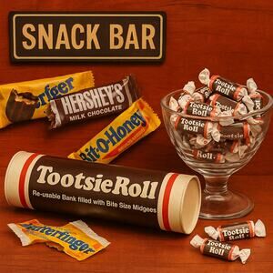 Vintage 1970s Tootsie Roll Coin Bank – 7.5” Tall Retro Reusable Promotional Bank